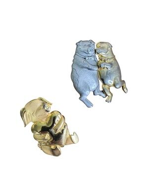 Vintage Gold and Silver Pig Couple Brooch and JJ Piggy Holding Heart Pin Bundle